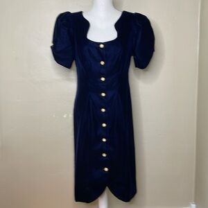 VINTAGE Cachet Velvet Dress Blue 80’s Glam Jewel Button Center Puff Sleeves 7/8